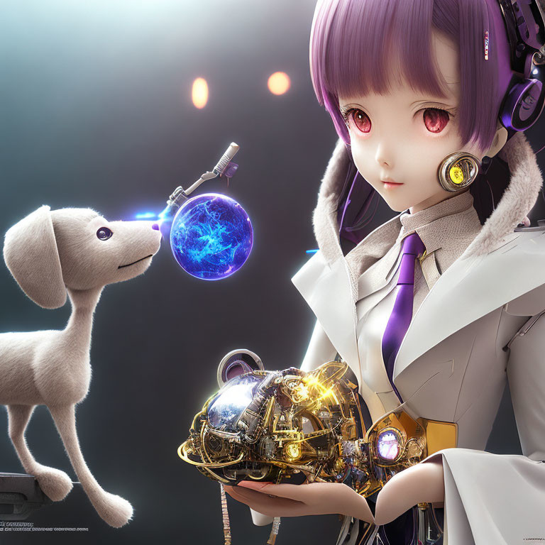 Purple-haired anime girl with glowing orb and robotic dog in futuristic scene