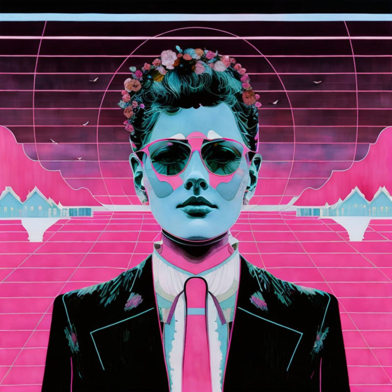 Symmetrical neon portrait with sunglasses and flower crown