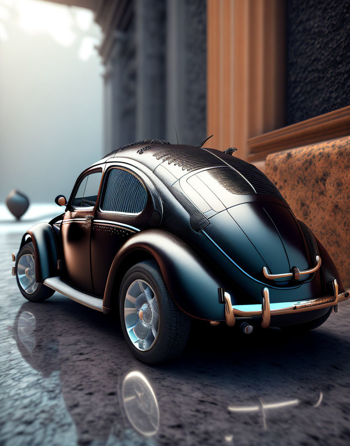 Vintage black car parked on cobbled street with classic buildings