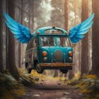 Vintage Turquoise and Pink Bus on Gray Background with Colorful Paint Drips