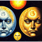 Surreal artwork: Three aged faces merged with planets in starry space