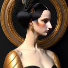 Illustration of woman with floral hair accessory, gold jewelry, ornate dress on dark background.