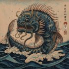 Detailed Mythical Carp Swimming Among Waves and Flowers in Japanese Ukiyo-e Art