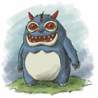 Whimsical blue monster with white belly and red eyes on watercolor background