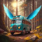 Vintage Bus with Surfboards Driving Through Colorful Forest at Sunset