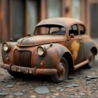 Vintage Brown Car with Orange and Blue Details on Cobblestone Street