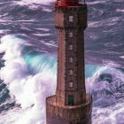 Surrealist lighthouse scene with boats in air and water