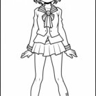 Monochrome artwork of stylized female character with red eyes, detailed outfit, and bob hairstyle