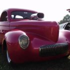 Stylized 3D rendering of vibrant pink classic car next to grey car