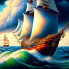 Majestic sailing ships on turbulent seas under dramatic sky