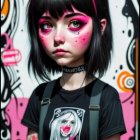 Melancholic girl with black hair and colorful streaks in a vivid painting