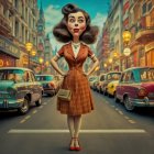 Stylized woman with voluminous hair on vintage street with classic cars and old-fashioned shops