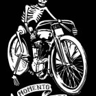 Skeletal figure in leather jacket on vintage motorcycle with text "CHE'S HECTOR THE HORR