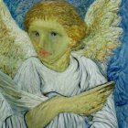 Figure with Angel Wings and Anxious Expression Against Swirling Blue Background