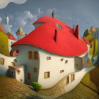 Quirky village painting with mushroom house & red roof