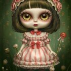 Illustration of girl with large eyes, floral crown, polka dot dress, and whimsical botanical