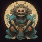 Stylized characters in traditional robes face imposing figure in moonlit scene