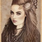 Woman with Traditional Updo & Pearl Adornments in Dark Cloak on Beige Background