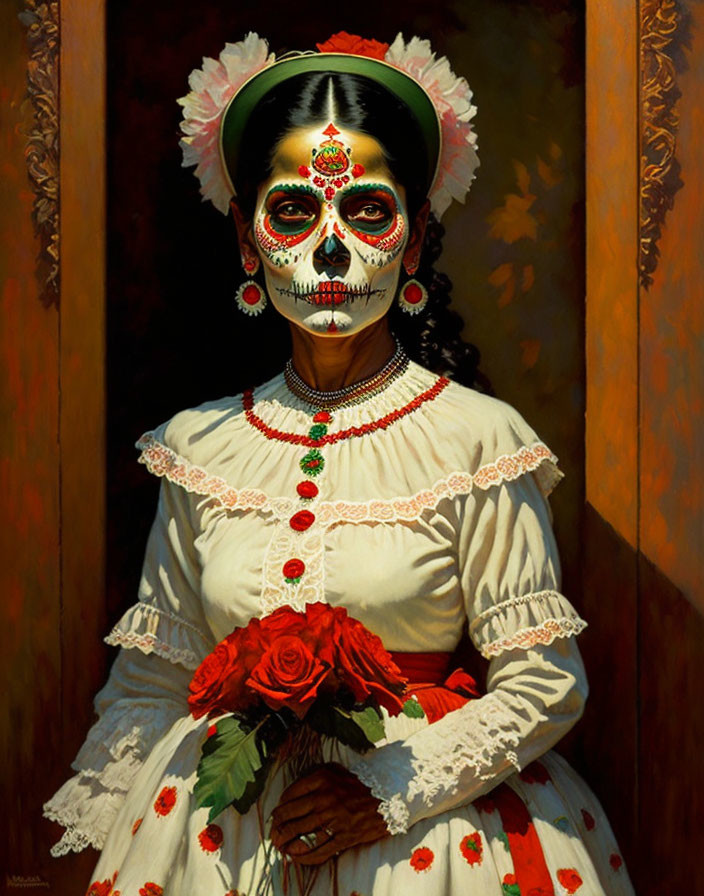 Traditional attire woman with Day of the Dead skull makeup and red roses.