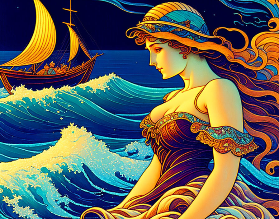 Stylized illustration of woman as sea with flowing hair and sailing ship on starry night.