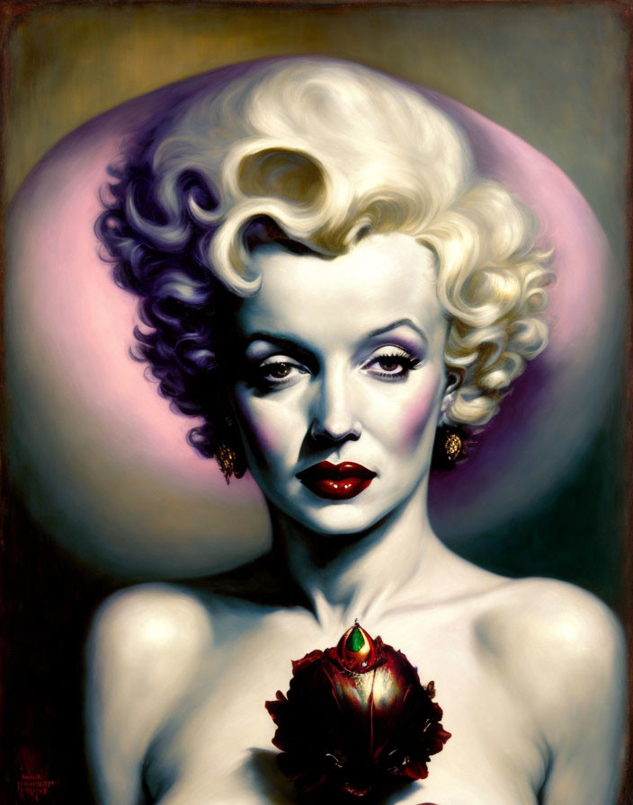 Stylized portrait of woman with platinum blonde hair and red flower