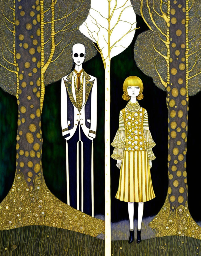 Stylish yellow and black figures with skull head in whimsical forest