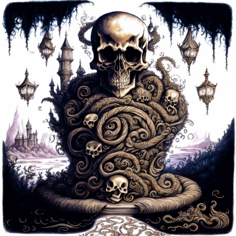 Gothic illustration with large skull, swirling patterns, additional skulls, castle, and lanterns.