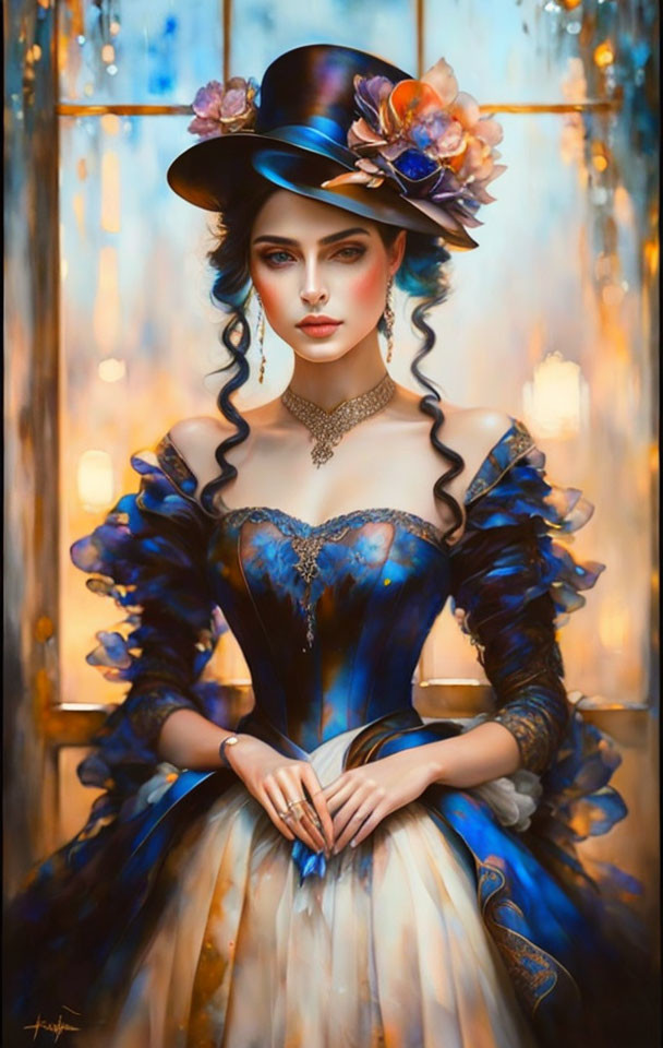 Victorian-style painting of a woman in blue dress with hat and jewelry