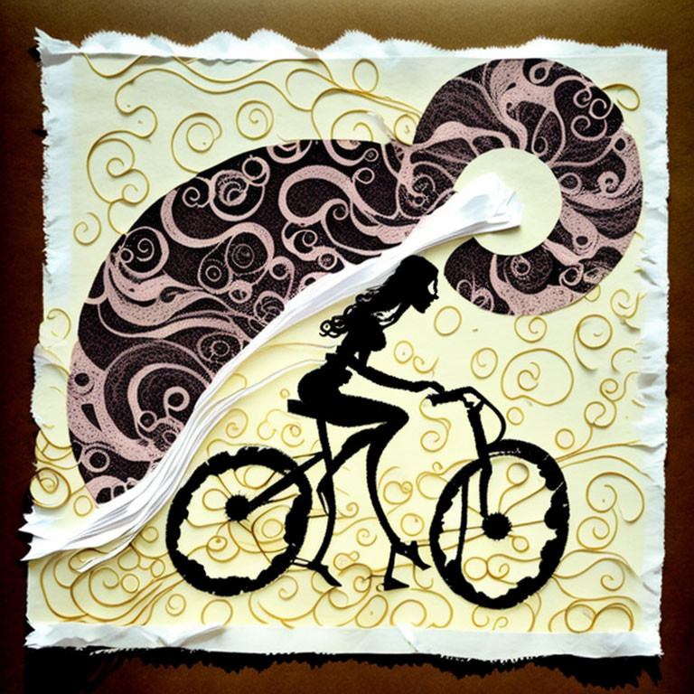 Silhouette of girl biking with flowing hair on paisley-swirl cream background