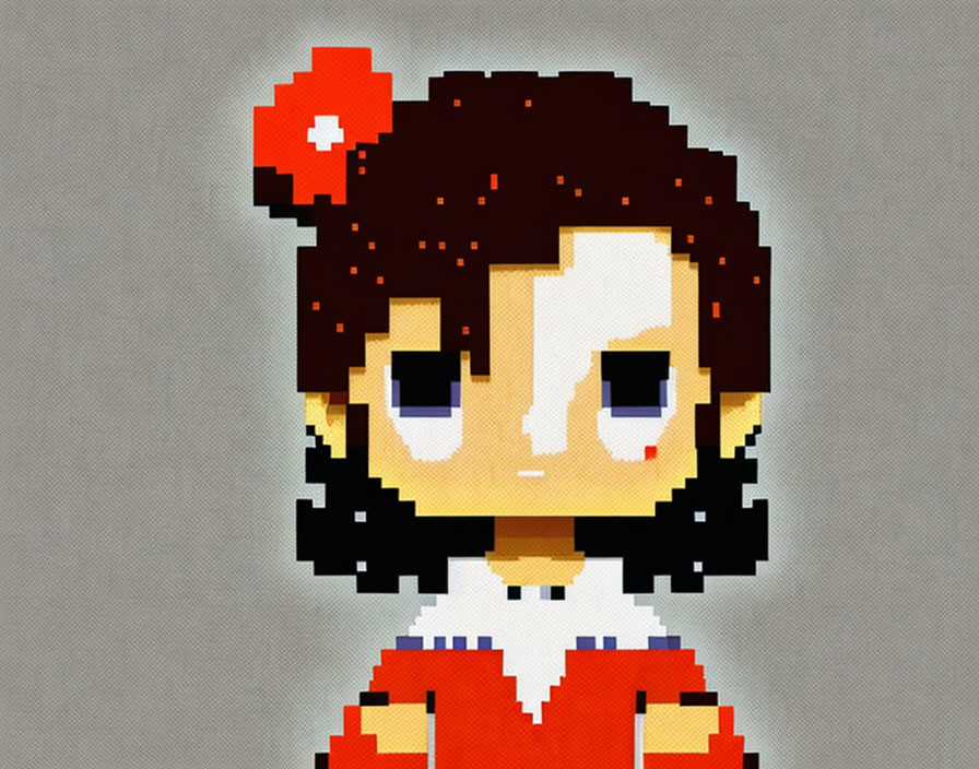 Brown Hair, Blue Eyes, Red & White Outfit Pixel Art with Flower