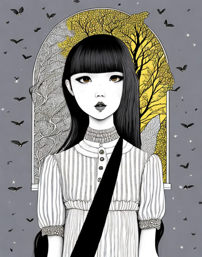 Dark-haired girl with fair skin in grey background with yellow trees and black birds.