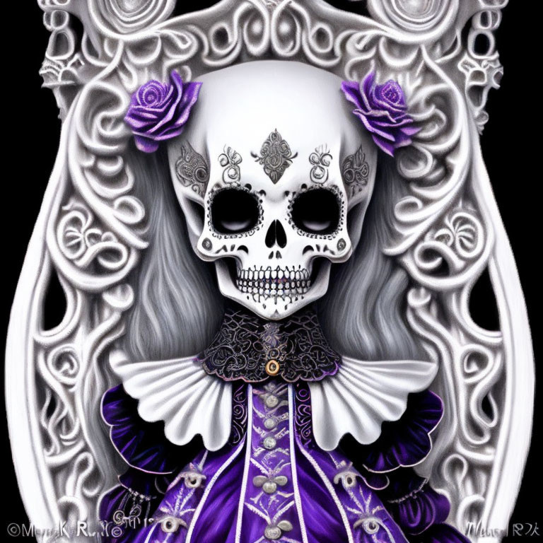 Stylized skull portrait with ornate decorations on baroque backdrop