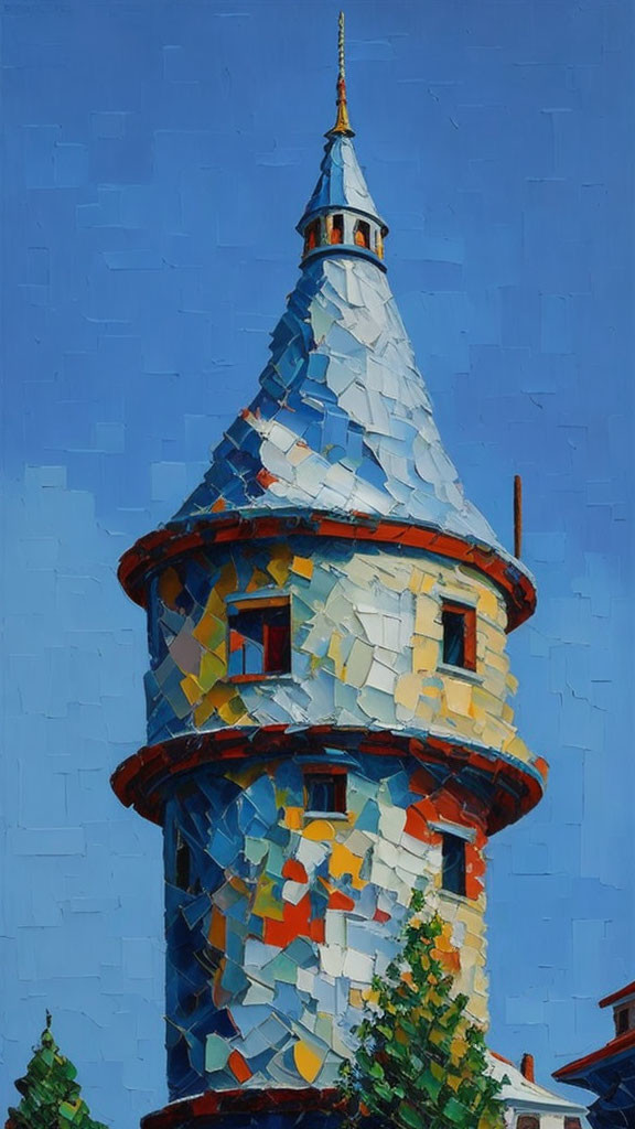 Colorful Conical Tower Oil Painting with Thick Brushstrokes