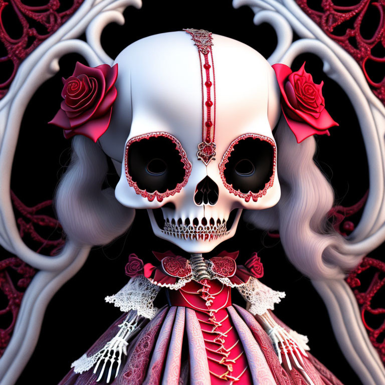 Stylized skull with red jewels and roses on gothic background