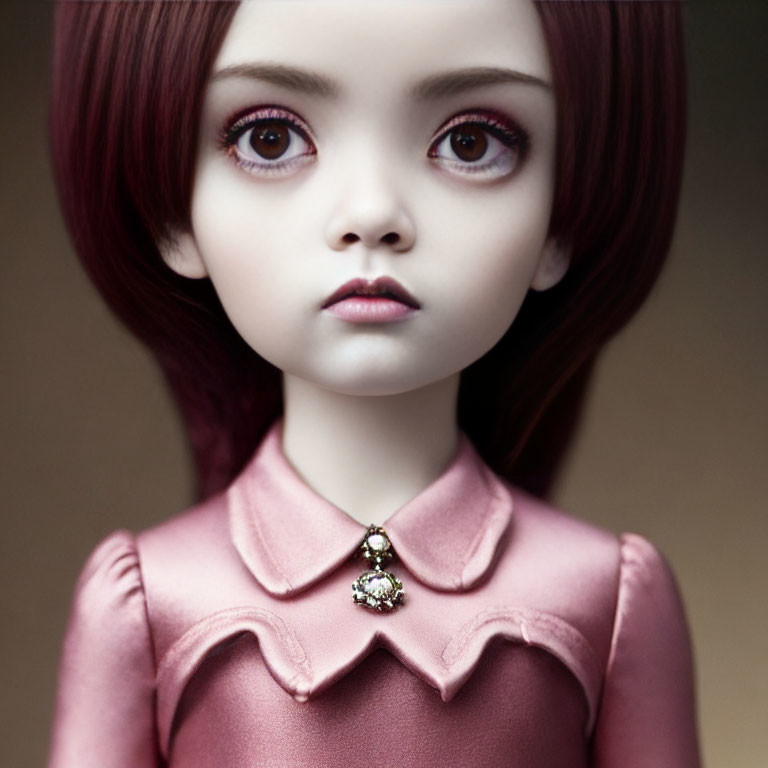 Close-up of doll with large expressive eyes, auburn hair, pink outfit & necklace