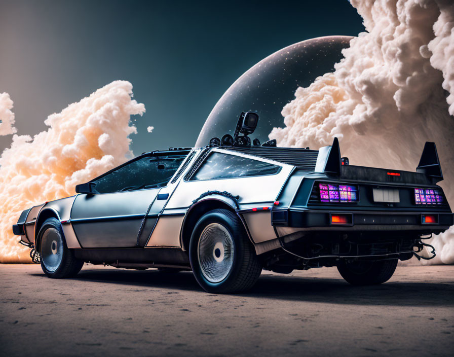 Silver Retro-Futuristic Car with Gull-Wing Doors under Dramatic Sky