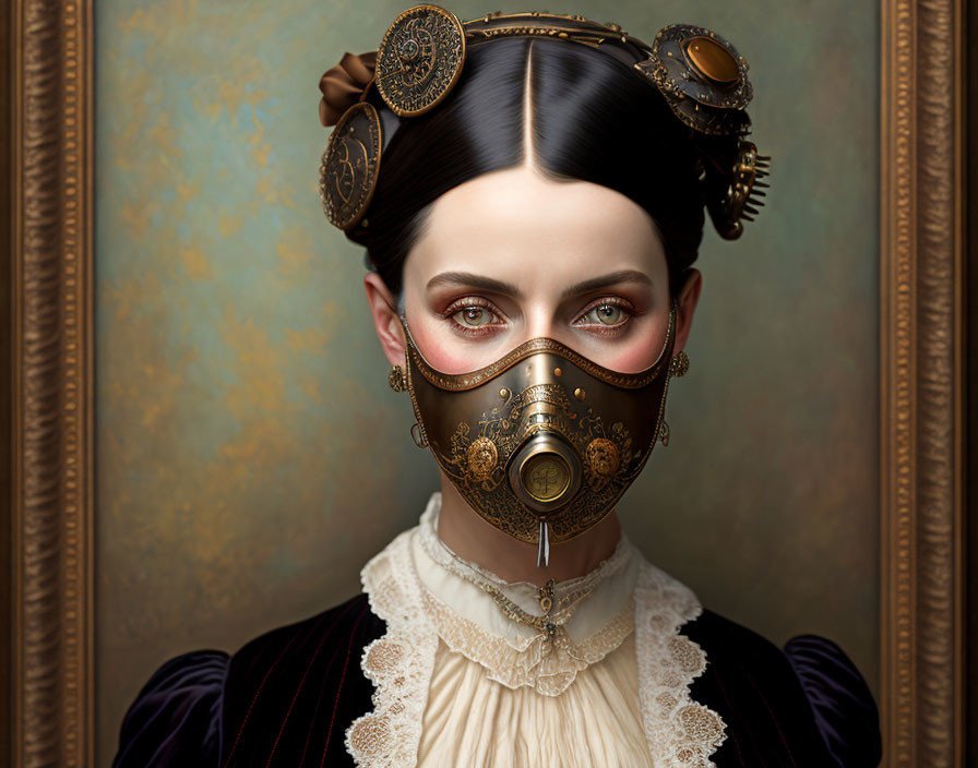 Victorian woman wearing steampunk mask with metalwork and gears on textured backdrop