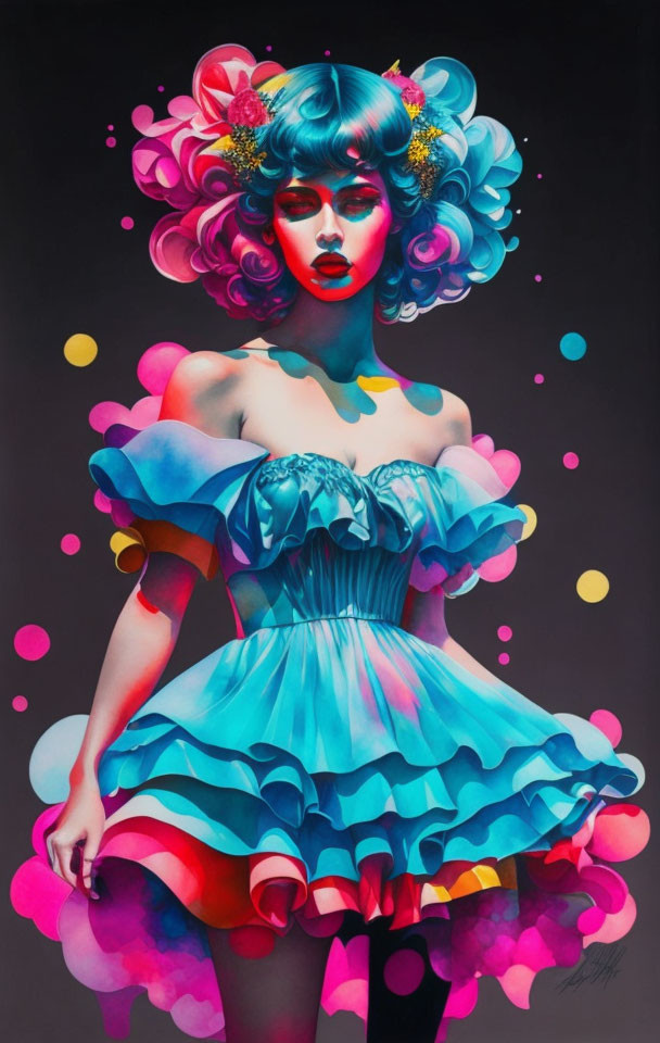 Colorful Person Artwork with Bright Hair and Dress on Dark Background