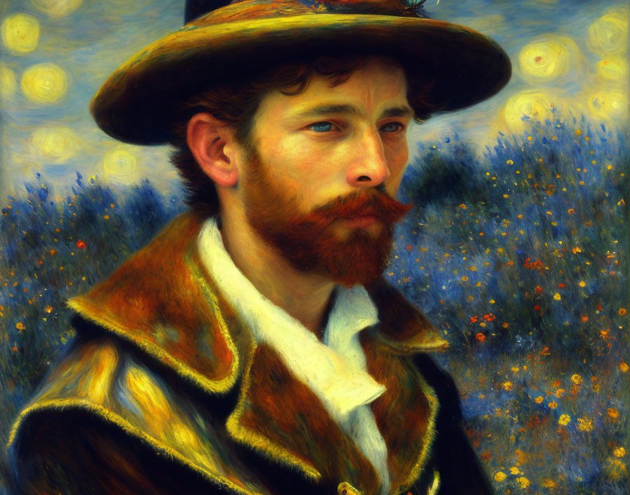 Bearded Man in Hat and Coat with Swirling Yellow Patterns and Blue Flowers