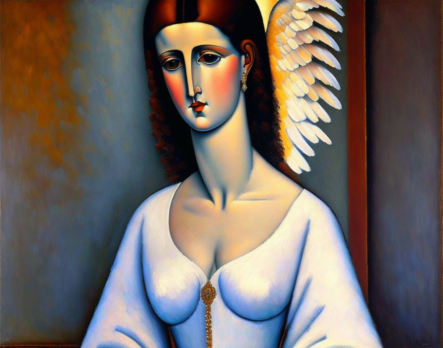 Stylized angel with white wings and gold medallion in white gown