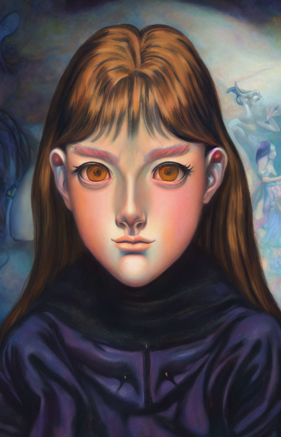 Portrait of a girl with amber eyes, fair skin, and brown hair in turtleneck, surrounded