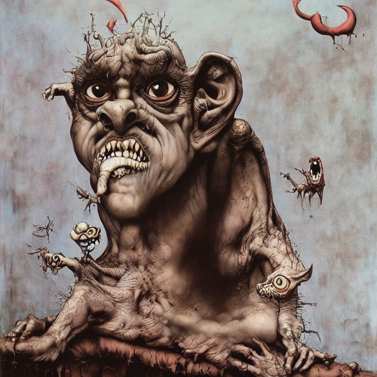 Surreal grotesque creature with large ears and exposed brain surrounded by odd creatures