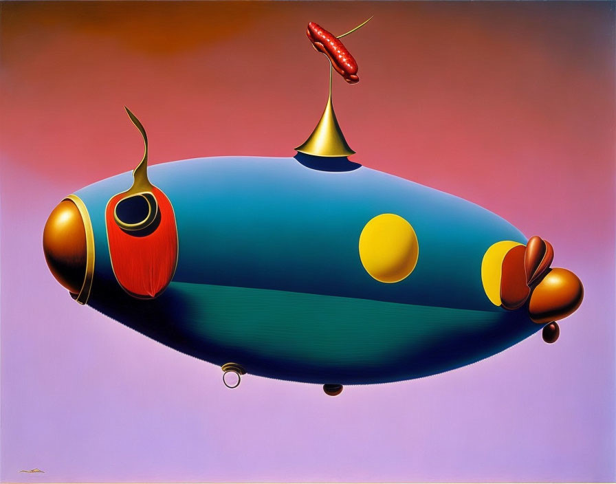 Colorful elongated blimp-like object painting on warm gradient background