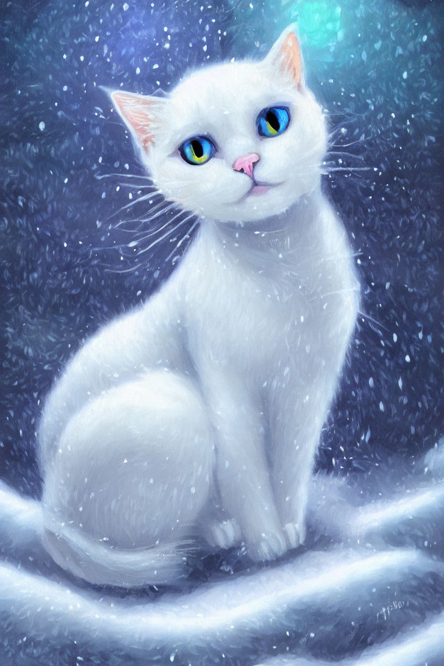 White Cat with Blue Eyes in Snowfall