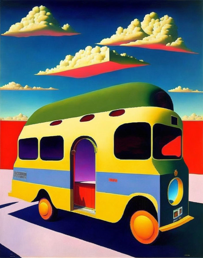 Colorful Bus Painting Against Vibrant Landscape with Blue Sky