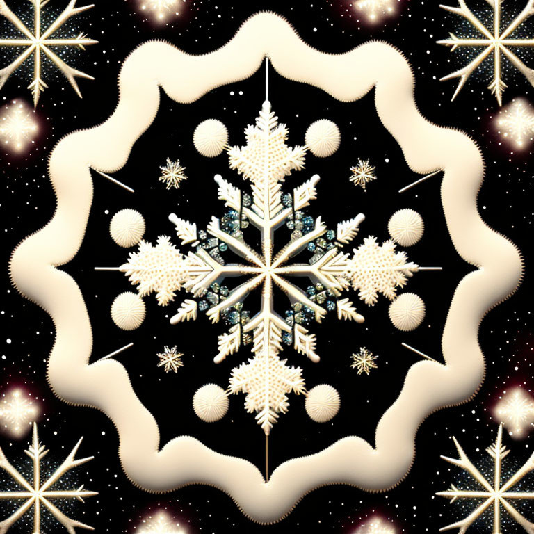 Symmetrical snowflake design in white and blue on black background