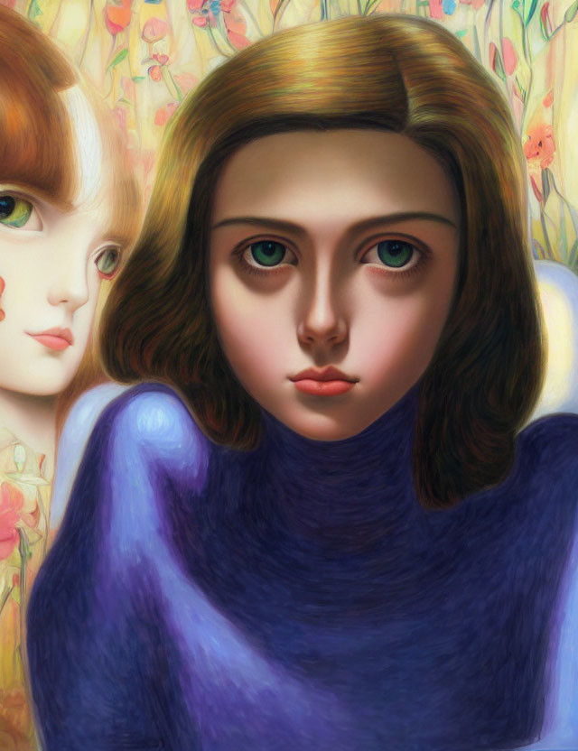 Artwork featuring two female figures with large eyes, one in a purple sweater, set against a floral