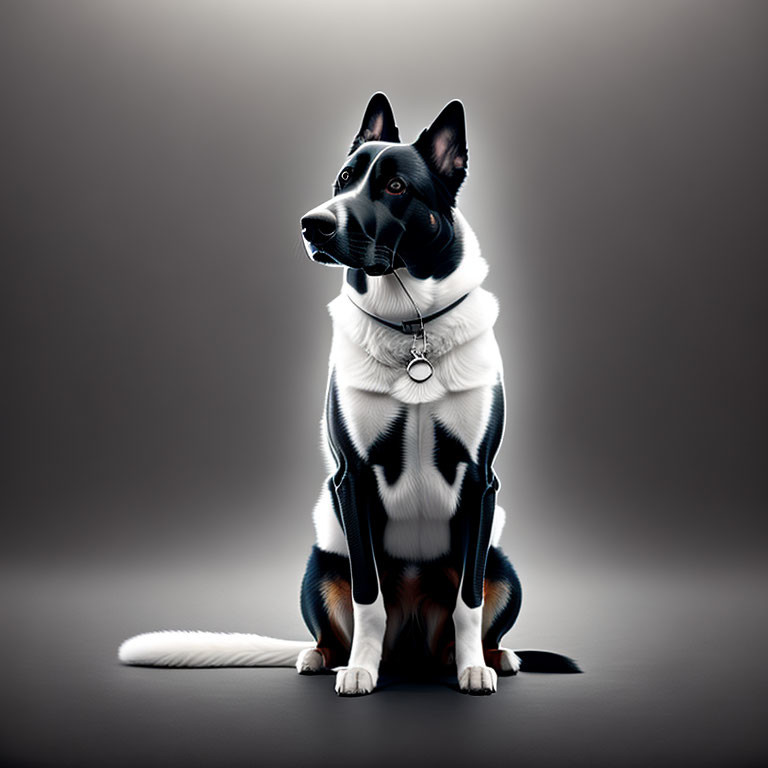 Black and white dog with collar against dark background shows alert expression