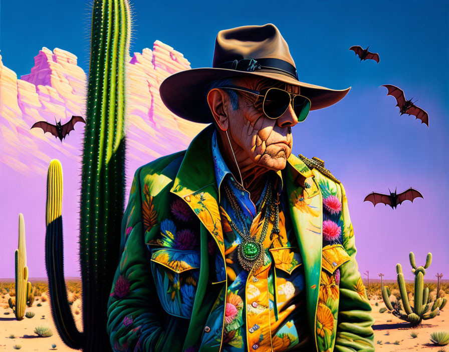 Colorful portrait of a man in floral jacket and cowboy hat in desert setting