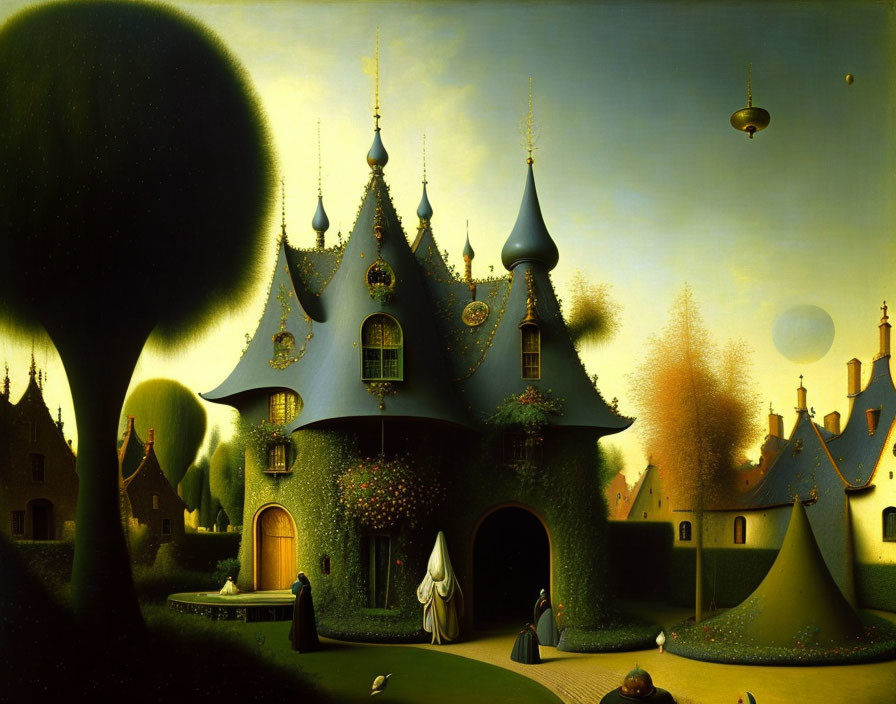 Surreal painting of castle, spire towers, houses, trees, cloaked figure at dusk